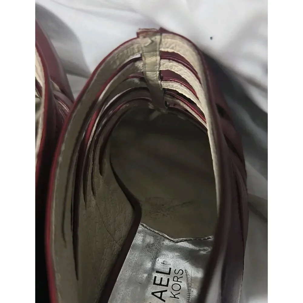 Michael Kors Red Leather Strappy Heels Pointed Toe Zip Back Women 8M.